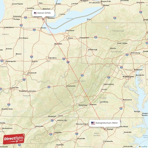 Detroit - Raleigh/Durham direct flight map