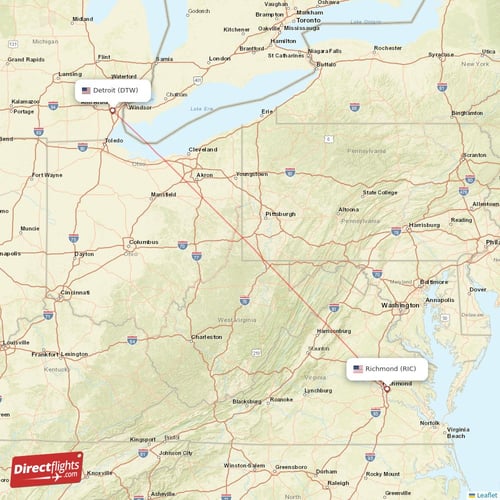 Detroit - Richmond direct flight map