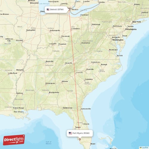 Detroit - Fort Myers direct flight map