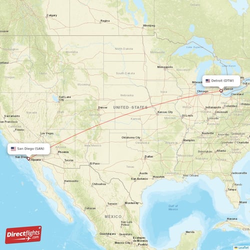 Detroit - San Diego direct flight map
