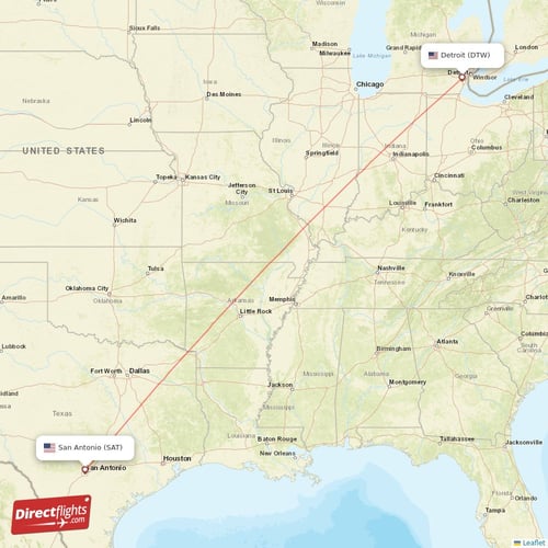 Detroit - San Antonio direct flight map