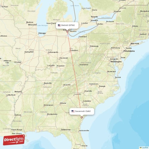 Detroit - Savannah direct flight map