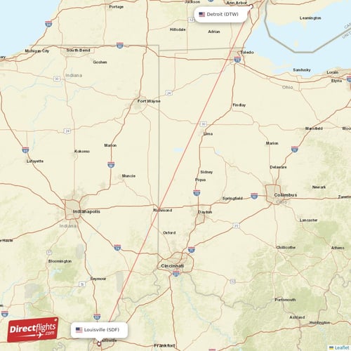 Detroit - Louisville direct flight map