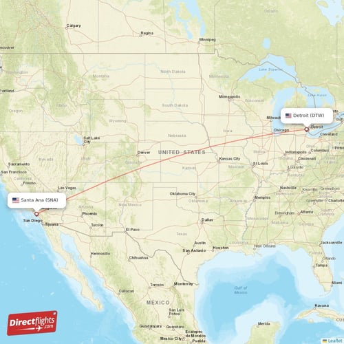 Detroit - Santa Ana direct flight map