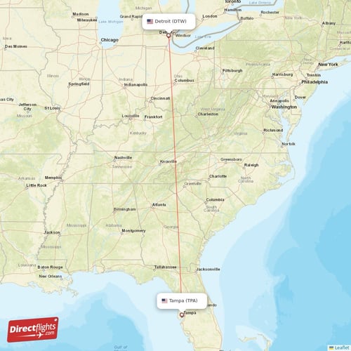 Detroit - Tampa direct flight map