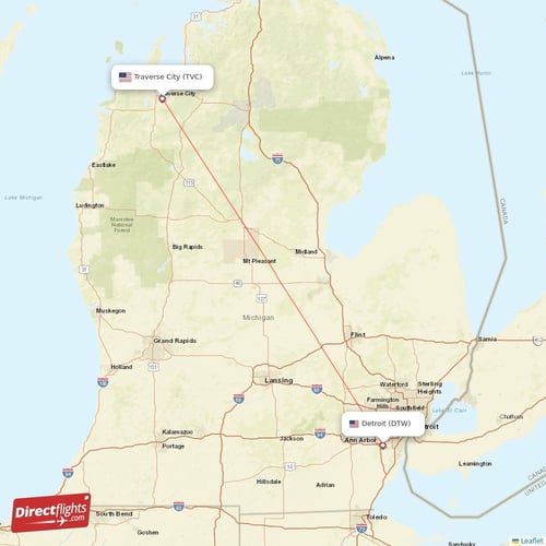 Detroit - Traverse City direct flight map