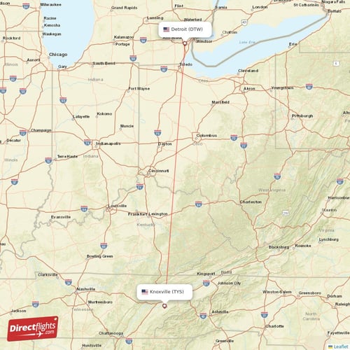Detroit - Knoxville direct flight map