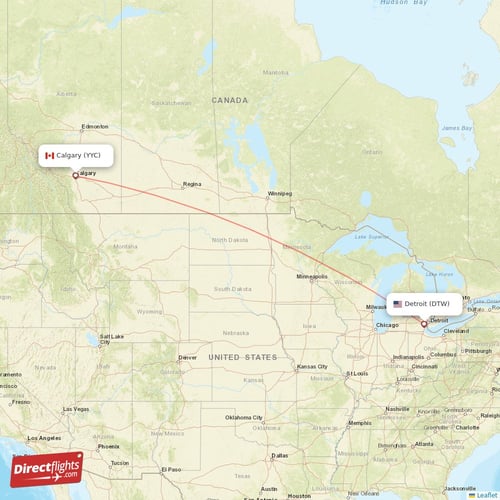 Detroit - Calgary direct flight map