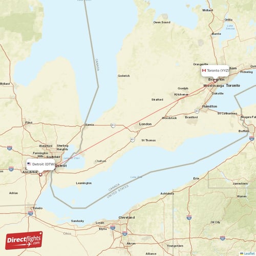 Detroit - Toronto direct flight map