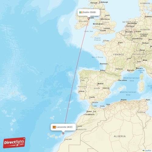 Dublin - Lanzarote direct flight map