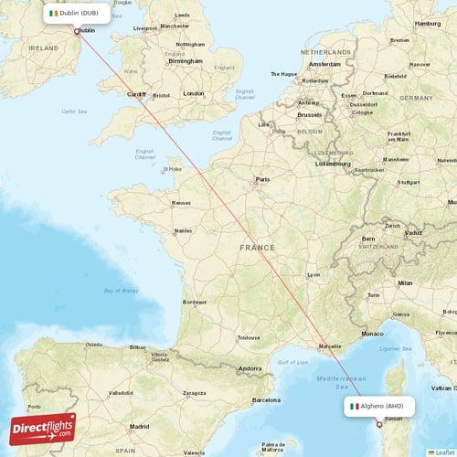 Dublin - Alghero direct flight map