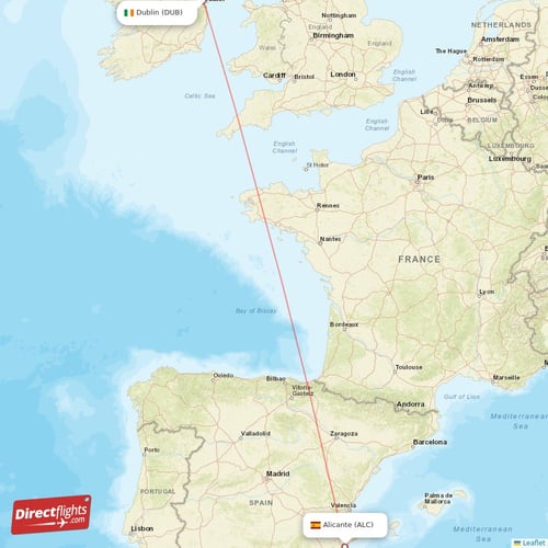 Dublin - Alicante direct flight map