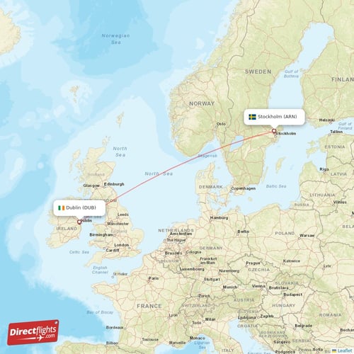Dublin - Stockholm direct flight map