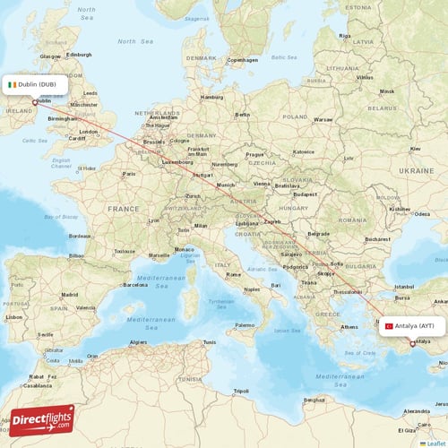Dublin - Antalya direct flight map