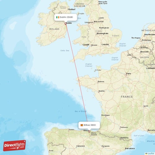 Dublin - Bilbao direct flight map