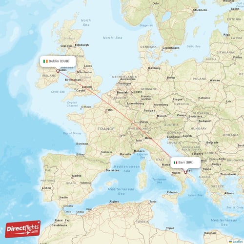 Dublin - Bari direct flight map