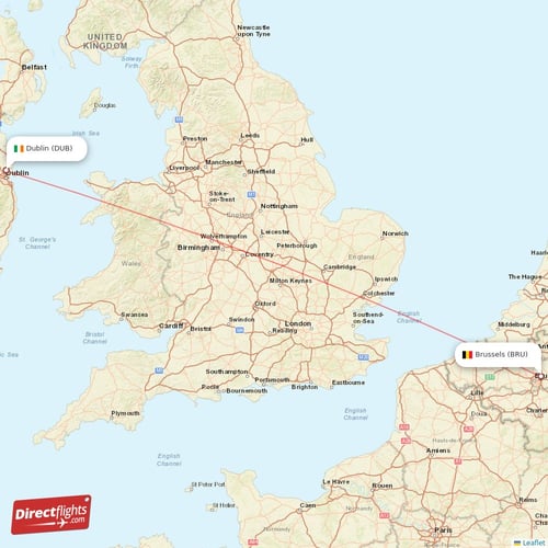 Dublin - Brussels direct flight map