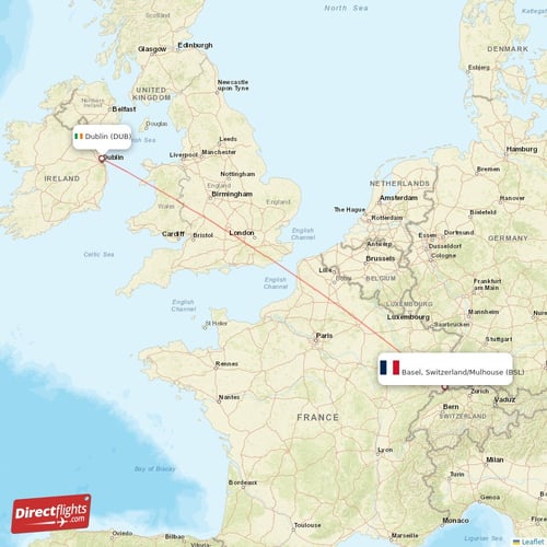 Dublin - Basel, Switzerland/Mulhouse direct flight map
