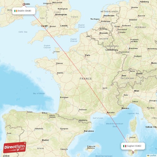 Dublin - Cagliari direct flight map