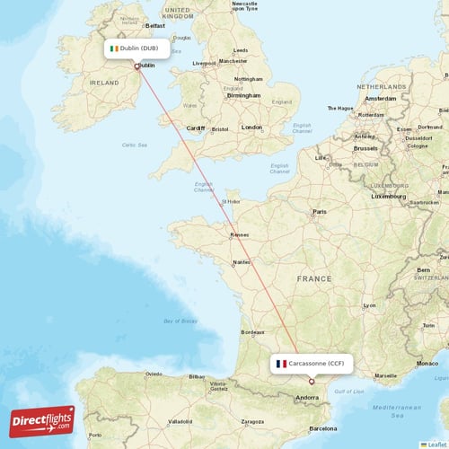 Dublin - Carcassonne direct flight map
