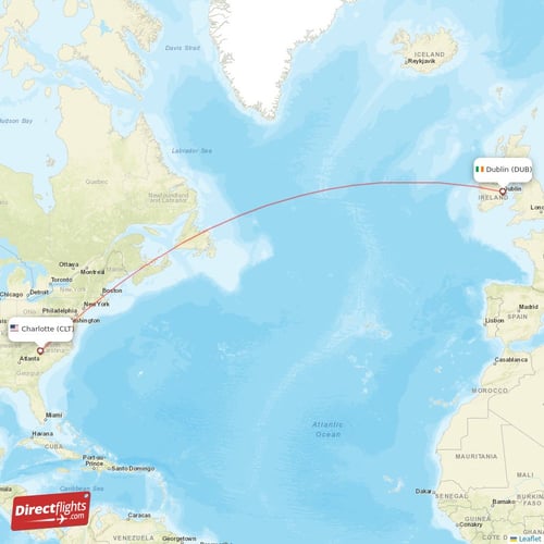 Dublin - Charlotte direct flight map