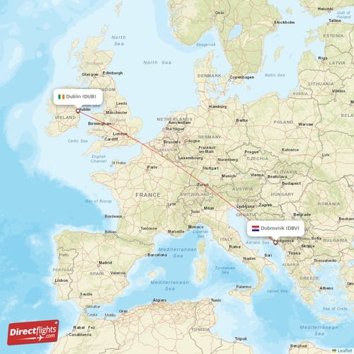 Dublin - Dubrovnik direct flight map