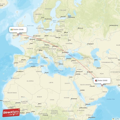 Dublin - Dubai direct flight map