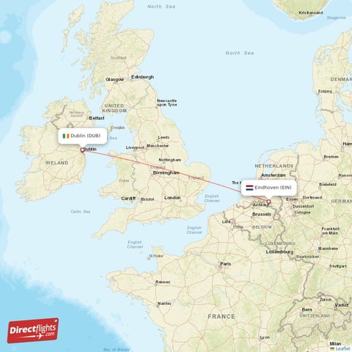 Dublin - Eindhoven direct flight map