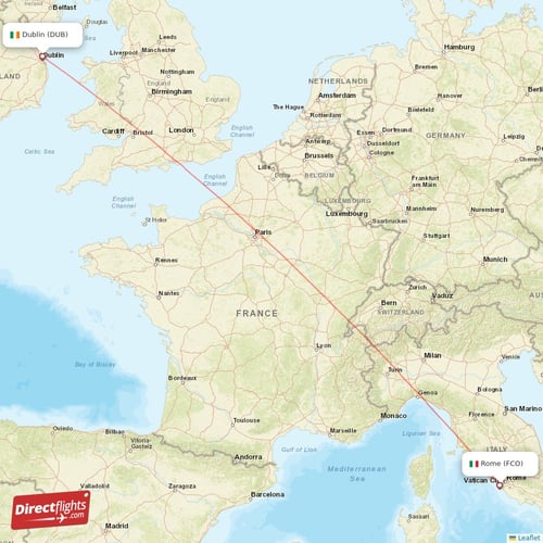 Dublin - Rome direct flight map