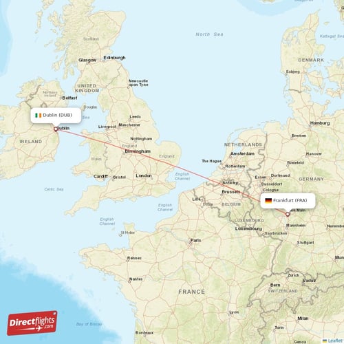 Dublin - Frankfurt direct flight map