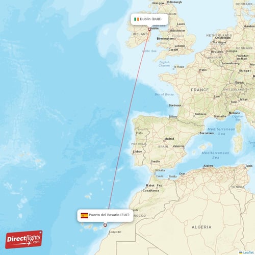 Dublin - Puerto del Rosario direct flight map