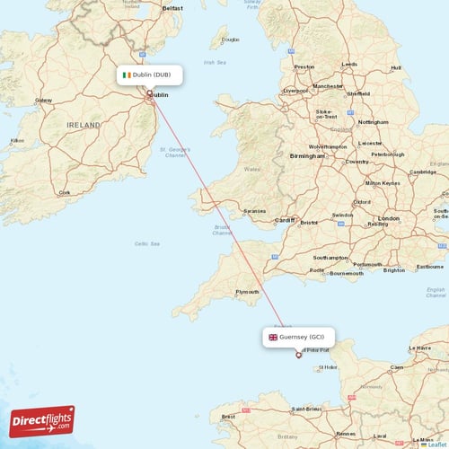 Dublin - Guernsey direct flight map