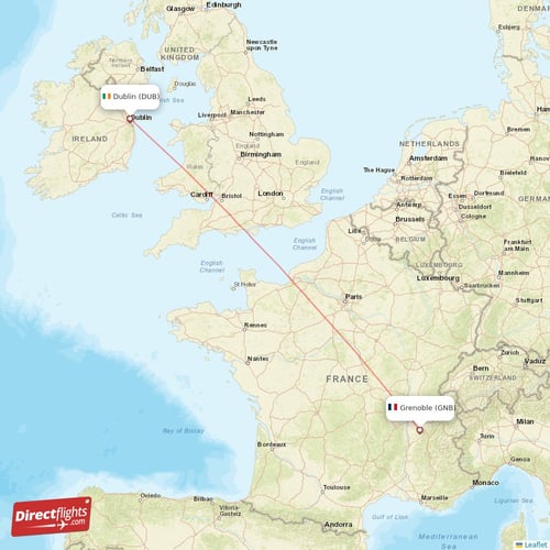 Dublin - Grenoble direct flight map
