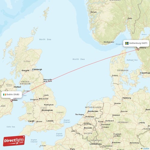 Dublin - Gothenburg direct flight map