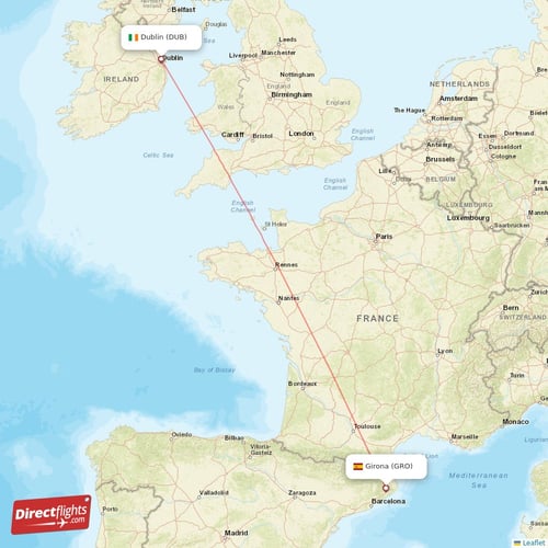 Dublin - Girona direct flight map