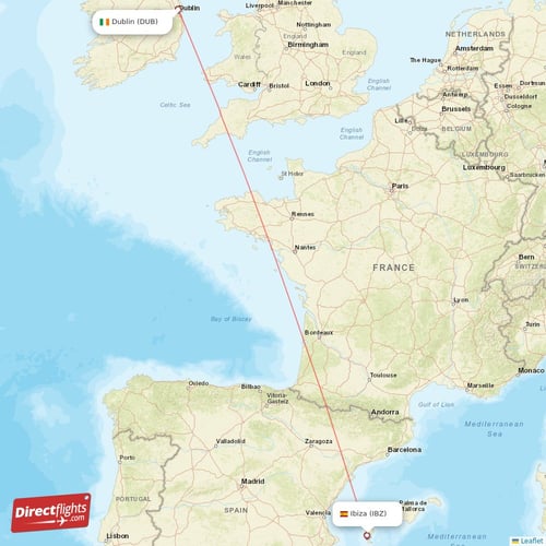 Dublin - Ibiza direct flight map
