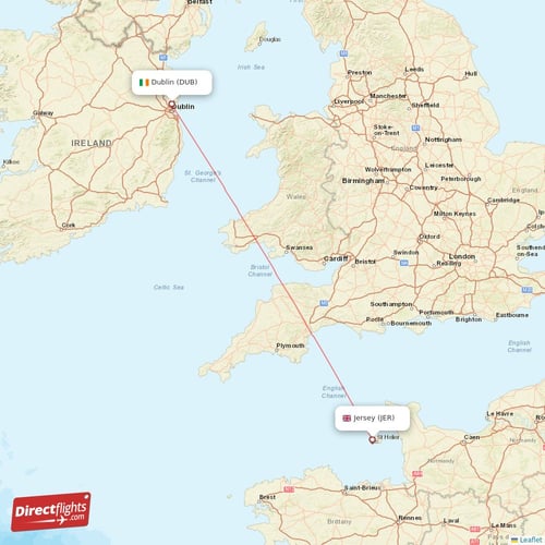 Dublin - Jersey direct flight map