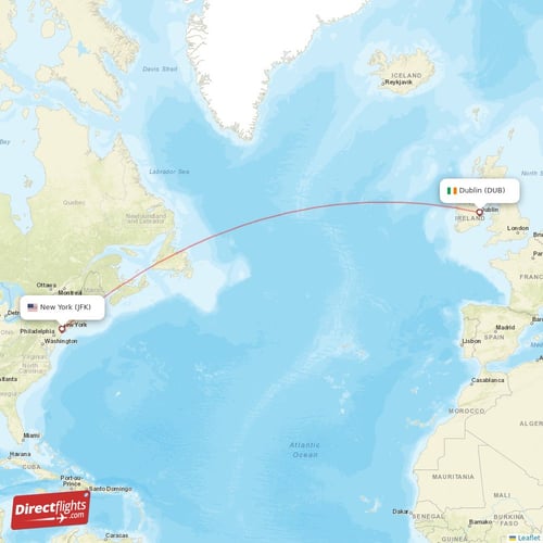 Dublin - New York direct flight map