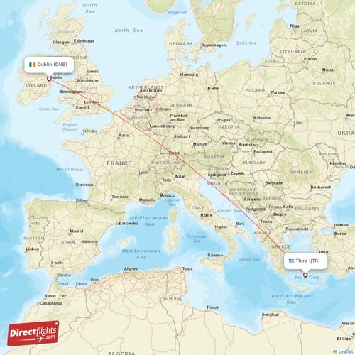 Dublin - Thira direct flight map