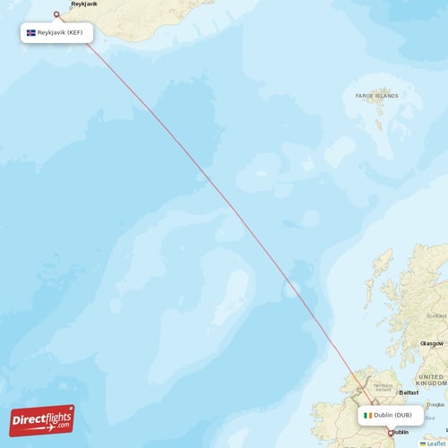 Dublin - Reykjavik direct flight map