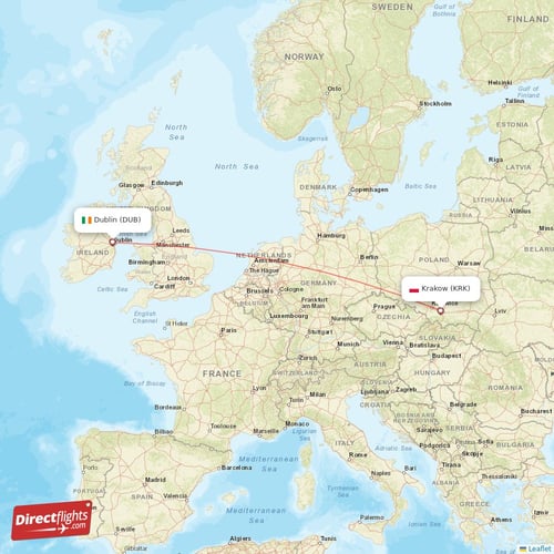Dublin - Krakow direct flight map