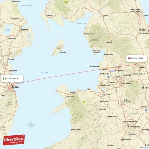 Dublin - Leeds direct flight map