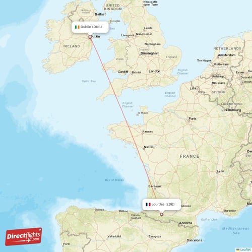 Dublin - Lourdes direct flight map