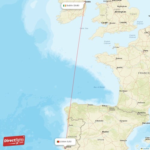 Dublin - Lisbon direct flight map