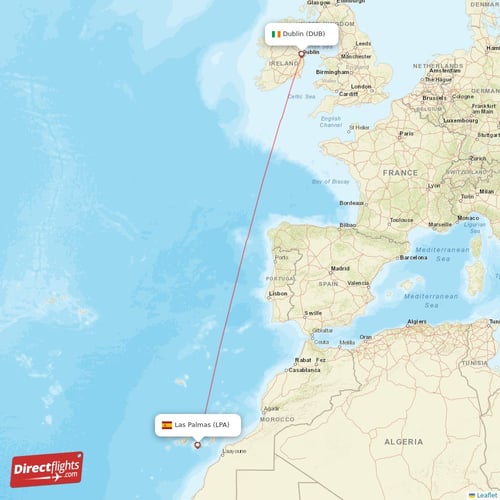Dublin - Las Palmas direct flight map
