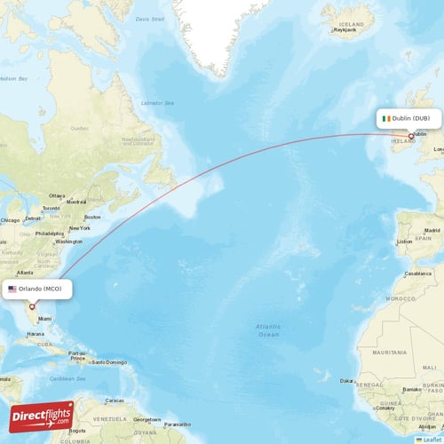 Dublin - Orlando direct flight map