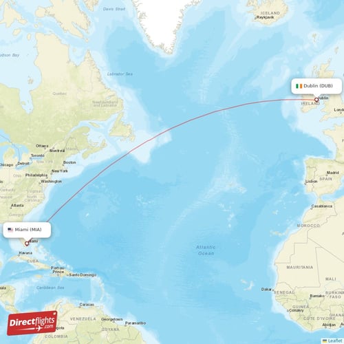 Dublin - Miami direct flight map