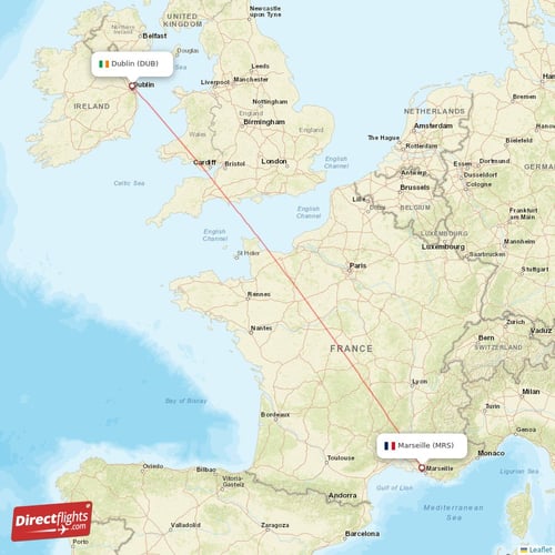 Dublin - Marseille direct flight map