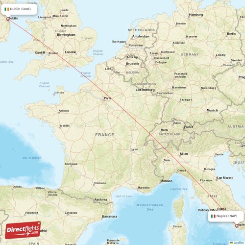 Dublin - Naples direct flight map