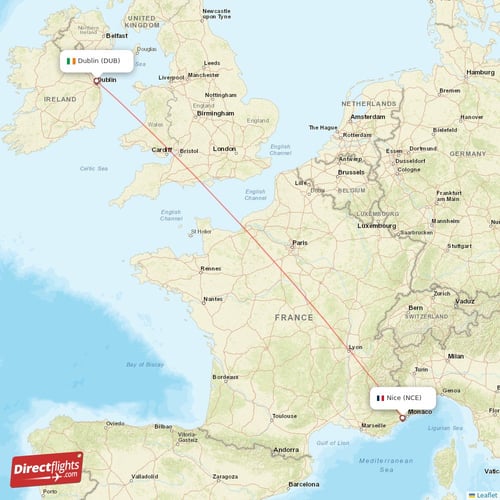 Dublin - Nice direct flight map